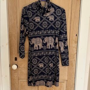 Long Sleeve Navy Dress with Beige Elephant Print